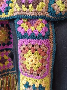 Handmade Crocheted Granny Square Winter/Fall Scarf - Gold, Rust, Teal, Violet